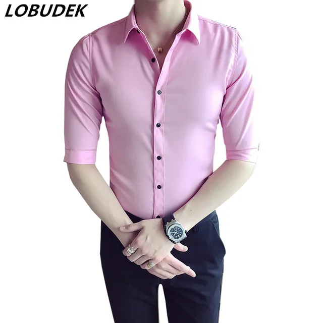 Short Sleeve Shirt Slim Fit Pink Blue 