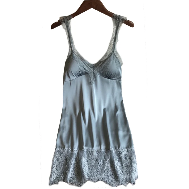

2019 Autumn New Ladies Black Sexy Silk Satin Dress Nightgown V-Neck With Breast Pad Poplin Deep V Gauze Lace Nightwear