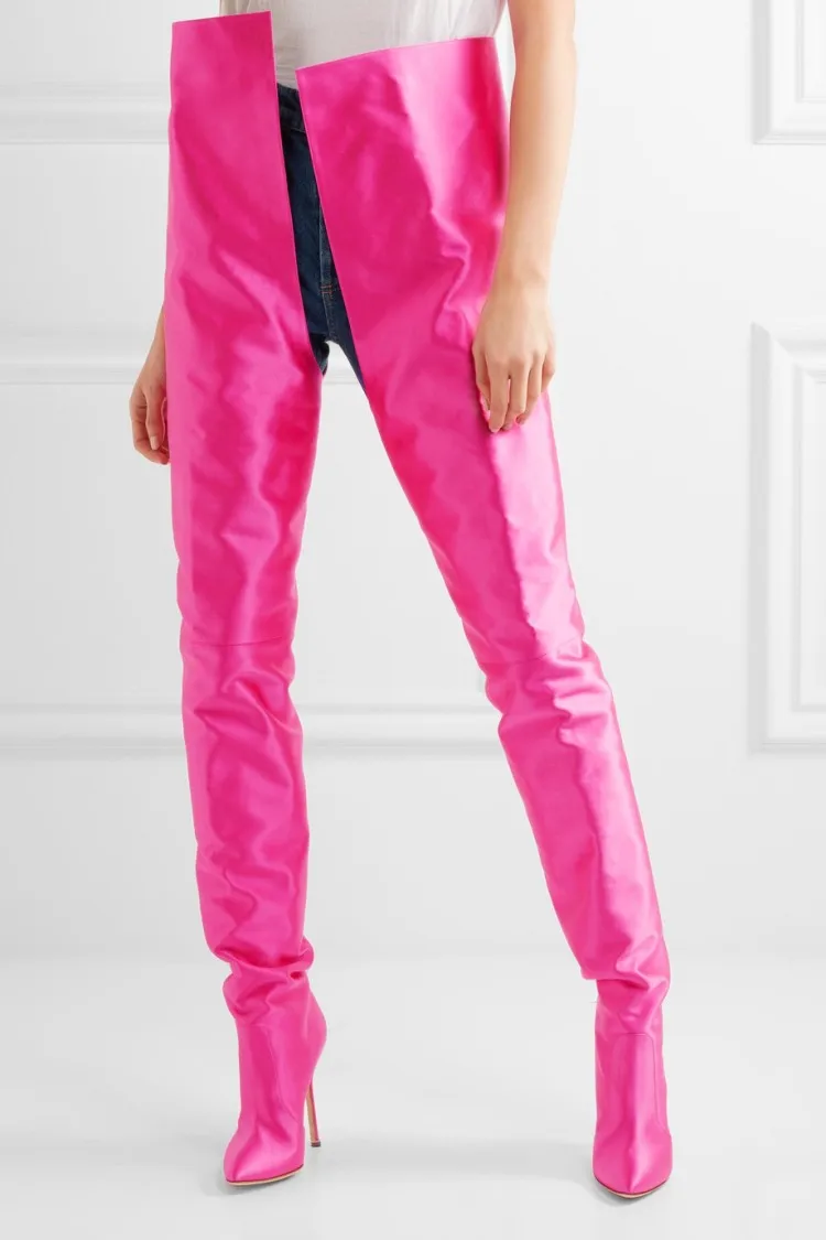 pink satin thigh high boots