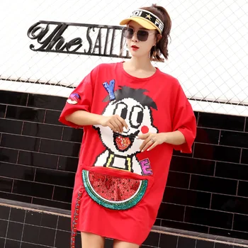 

Thailand Tide brand 2019 spring new sequins heavy industry cartoon long short-sleeved T-shirt tide brand women's dress