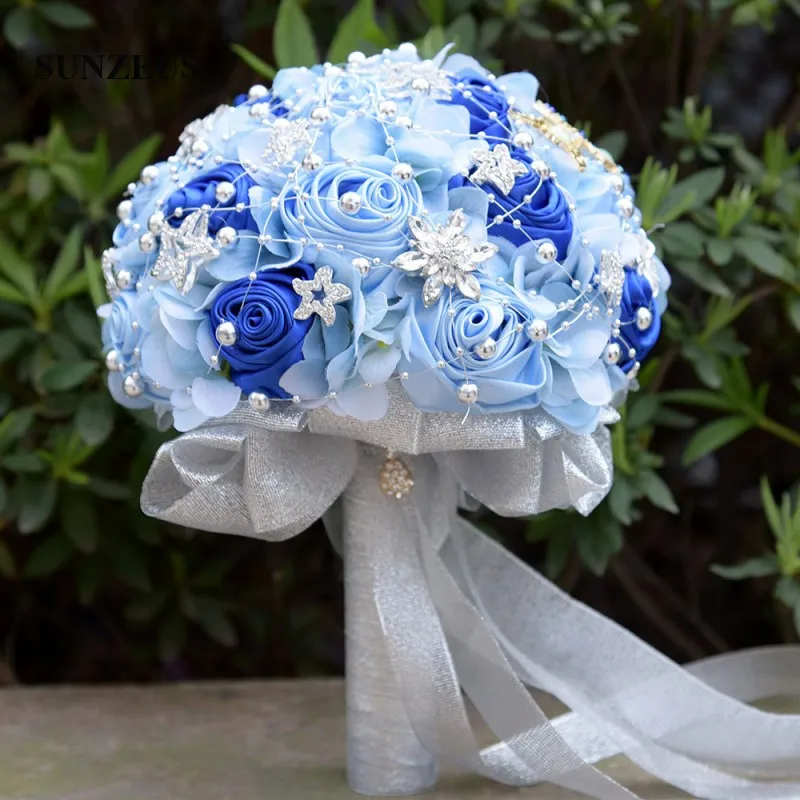 Романтические светло-голубые цветы Свадебный букет жемчуг блестящие звезды королевский синий Искусственные цветы Букет huwelijk SWB08