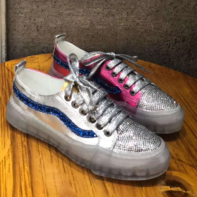 Fast Delivert New Women Sneakers Genuine Leather Fashion Comfortable Round Toe Flats Platform Woman Rhinestones Casual Shoes