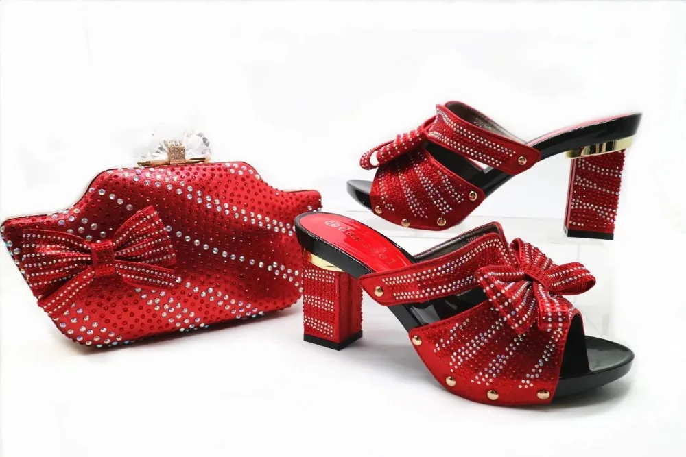 

2018 italian design shoes and bag set red color with many stones for african women in aso ebi lace party shoes bag SB8110-1