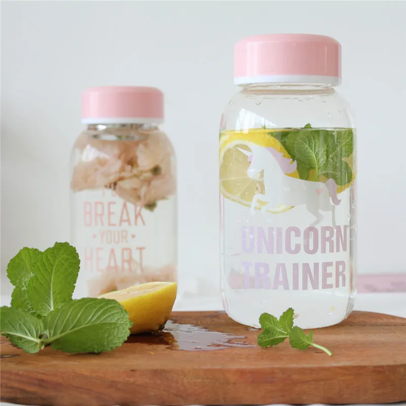 

Fresh Pink Letter or Unicorn Pattern Glass Water Bottle with Storage Bag Cute High-capacity Portable Bottle for Girl SH376