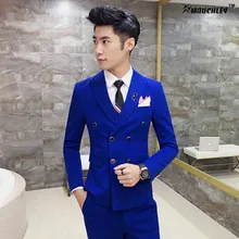 Royal Blue Mens Suits Slim Fit Plus Size 4XL Latest Coat Design Double Breasted Tuxedo Prom Suits 3 Pieces (Jacket+Vest+Pants)