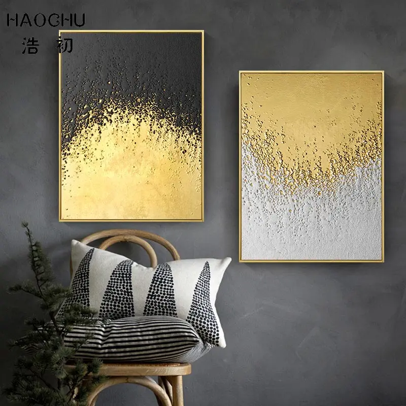 

HAOCHU European Retro Gold Color Black Block Diamond Polygon Gold foil Abstract Canvas Painting Art Print Poster Decor Pictures
