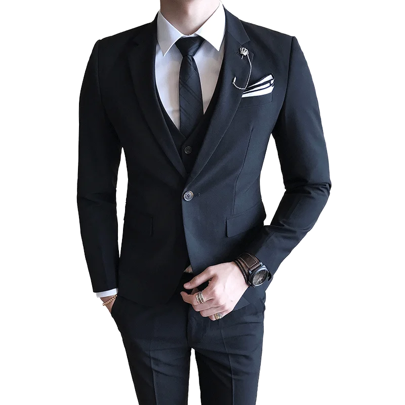 

2019 men's blazers British style high-end boutique business solid color slim suit jacket 3 sets (suit + pants + vest)