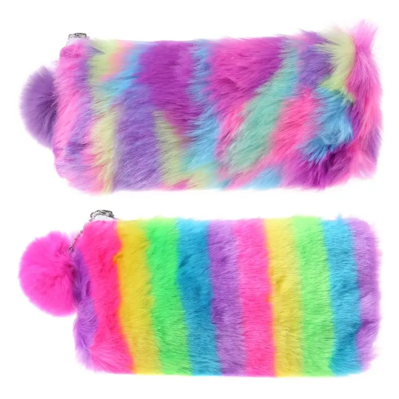 

2019 Women Girls Cute Multi-Color Rainbow Pencil Case School Supplies Faux Rabbit Fur Ball Makeup Storage Pompom Cosmetic Bag