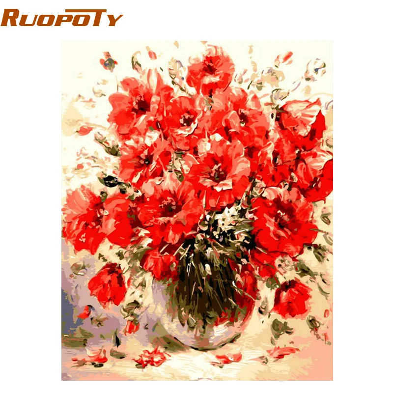 

RUOPOTY Frame Red Flowers DIY Digital Painting By Numbers Wall Art Picture Hand Painted Acrylic Paint By Numbers For Artwork