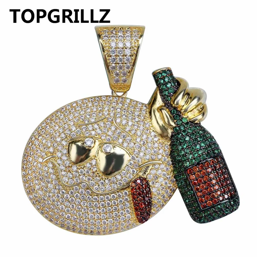 

TOPGRILLZ Hip Hop Shiny Emoji With Wine Bottle Pendant Necklace Men Jewelry Gold Color Cubic Zircon 4MM Necklaces Tennis Chain