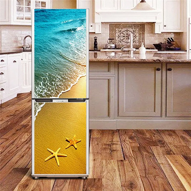 Океан пляж живописный холодильник съемные наклейки из ПВХ стены двери наклейки фрески дома Кухня украшения самоклеющиеся наклейки