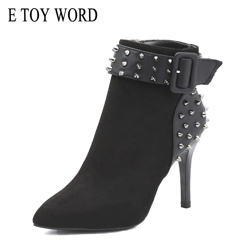 

E TOY WORD 2019 new fashion women boots rivet belt buckle short tube Martin boots female pointed stiletto suede high heels women