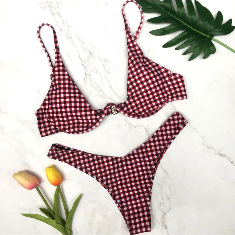Plaid Bandage Bikinis Set 2018 New Sexy Push Up Swim Bathing Suits Swimwear (5)