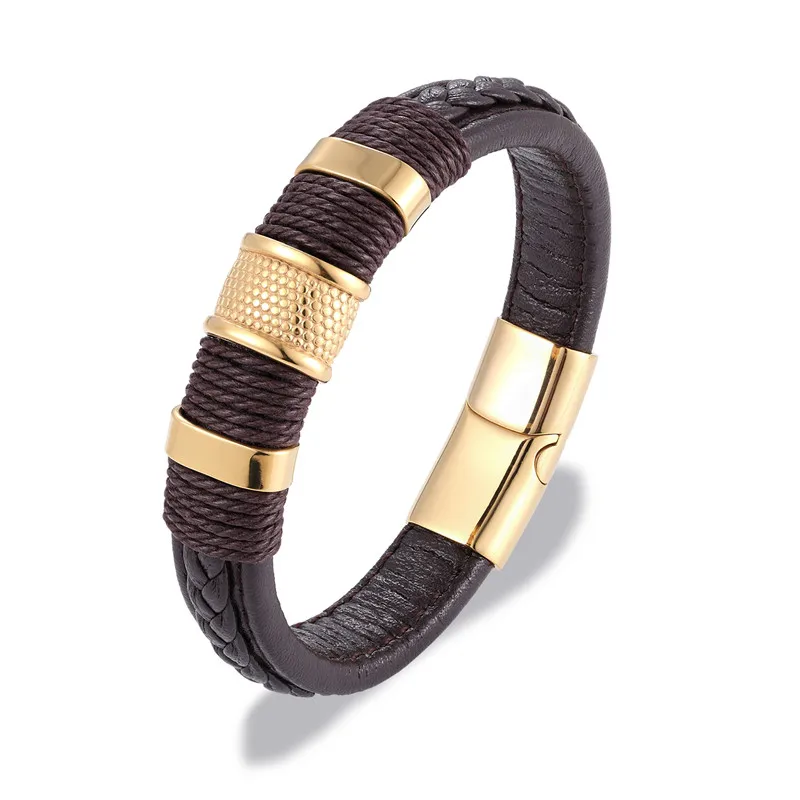 MKENDN Brand Multilayer Braid Genuine Leather Bracelet Titanium Stainless Steel Magnetic Buck Bracelet Men Woven Bangle Pulseras