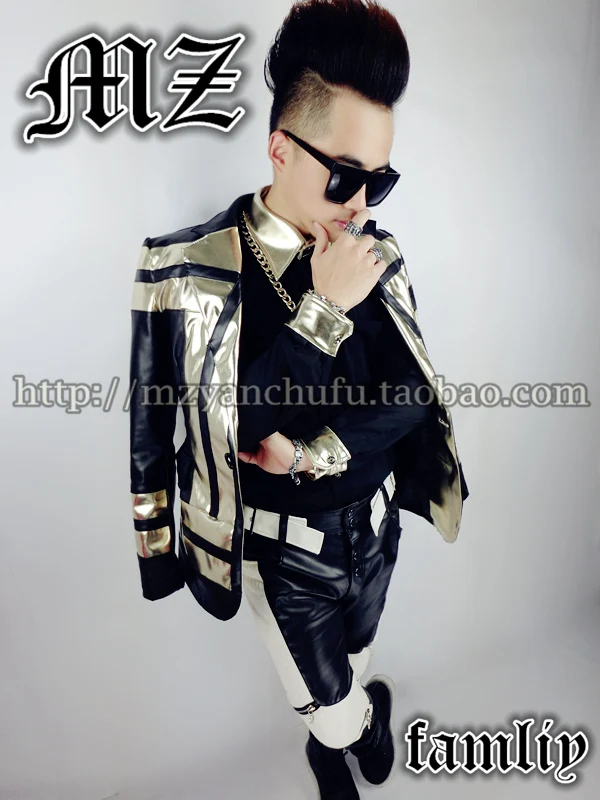 GD fm bigbang singer костюмы правый Zhilong стиль мужской бледно-золотой черный сценический для певца кожаный пиджак/s-xl