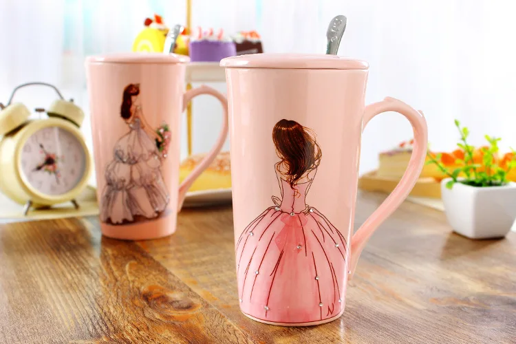 3D розовые красивые девушки в свадебное платье со стразами кофейная кружка с ложкой крышкой вода чай молоко чашка креативный подарок