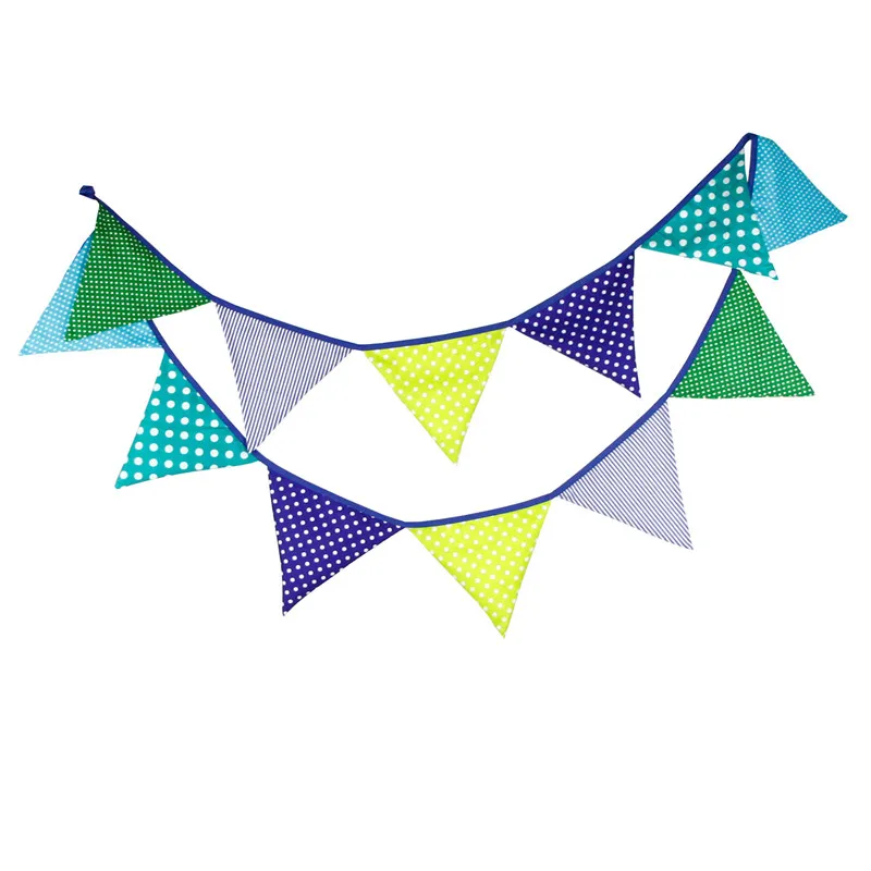 

12 Flags 3.2m Blue Stripe Yellow Dot Cotton Fabric Bunting Pennant Flags Banner Garland Baby Shower/Outdoor DIY Home Decoration