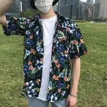 

2018 Summer New Pattern Youth Popular Fashion Flower Printing camisa Square Neck Short Sleeve Tide Casual Loose Cotton Shirt Men