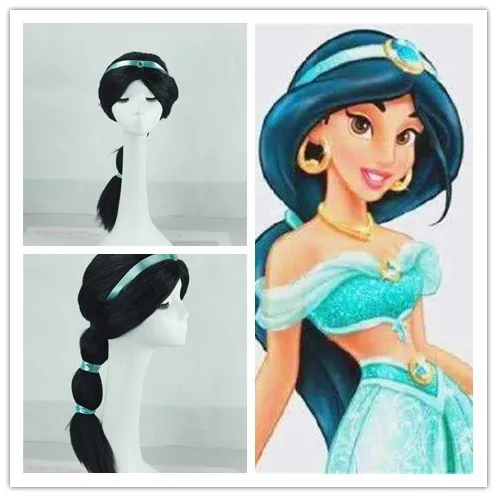 Cena Dzieci dziewczyna Aladdin i magiczna lampa księżniczka jasmine peruka do cosplay dziewczyna czarna długa peruka warkocz do odgrywania ról kostiumy