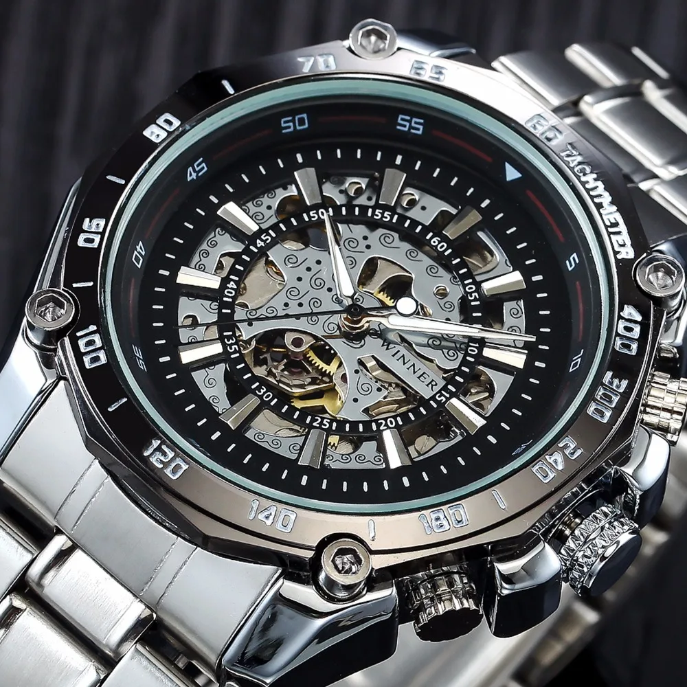 2017 Mens Watches Mechanical Full Steel Skeleton Shock Resistant Self