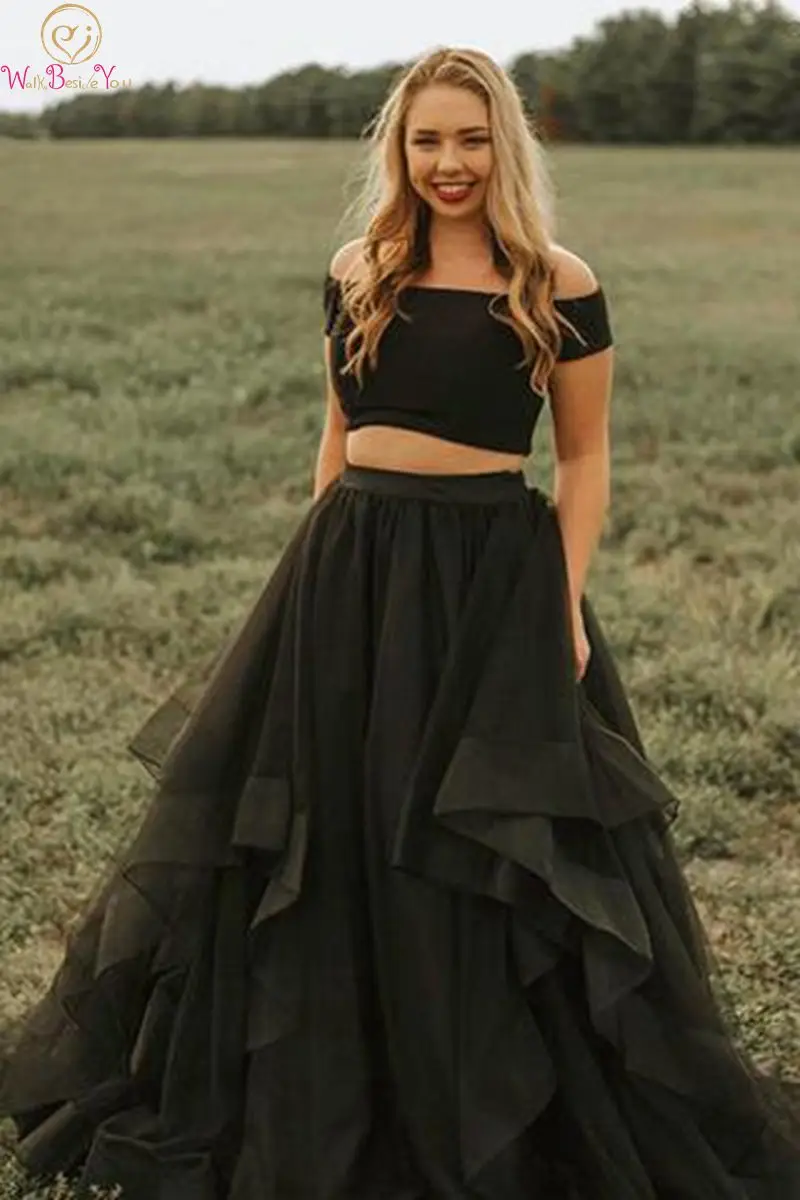 

Two Pieces Black Boat Neck Prom Dresses 2019 New Off The Shoulder Organza Evening Dress Sexy Crop Top Ruffles vestidos de gala