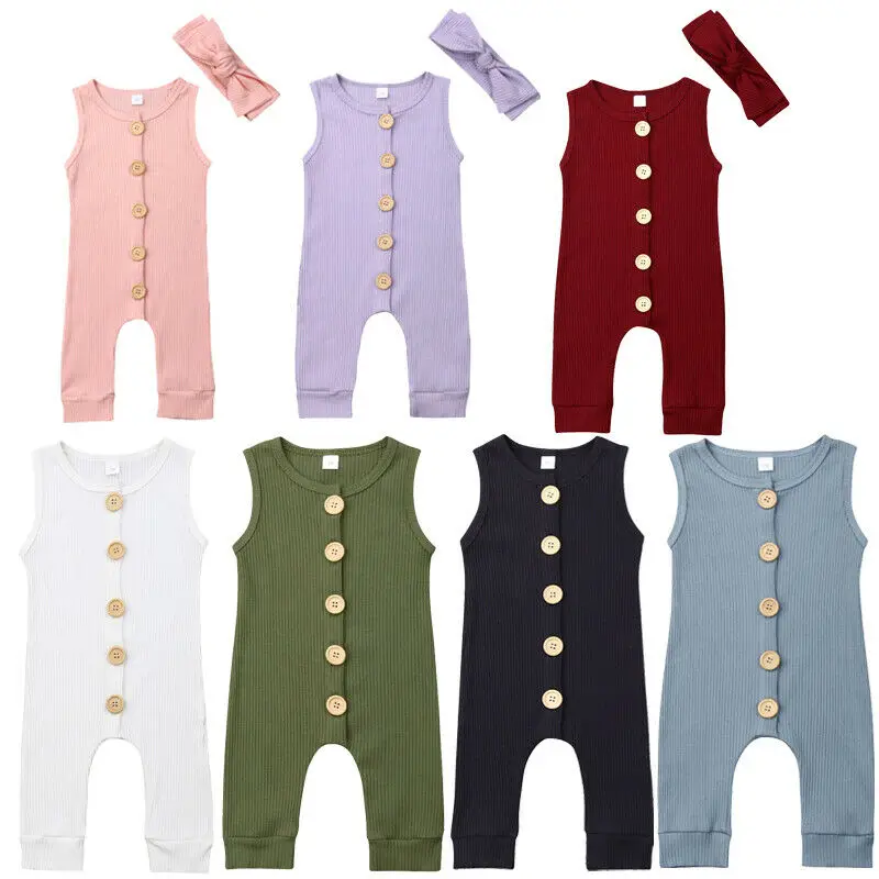 

0-18M Casual Newborn Baby Boy Girl Sleeveless Solid Color Button Cotton Romper Jumpsuit One Pieces Clothes