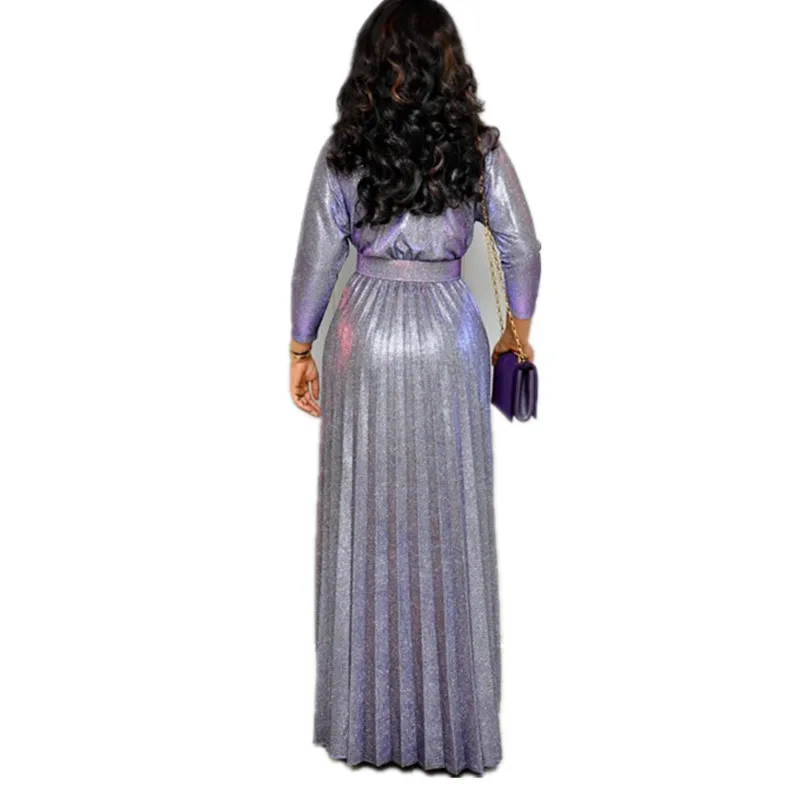 الصيف النساء أزياء مكتب سيدة ثوب أنيق المعصم كم طول مذهب مطوي فستان محكم من عند الصدر ويتدلى بشكل واسع مع الزنانير الحرباء النسيج