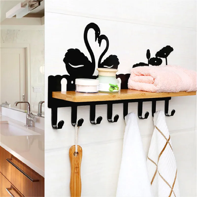 Creative Bamboo Plate Iron Wall Shelf 6/8 Row Hook Coat Hanger Door Hooks Wall Mounted Partition Shelf Deer Piano Swan for Decor