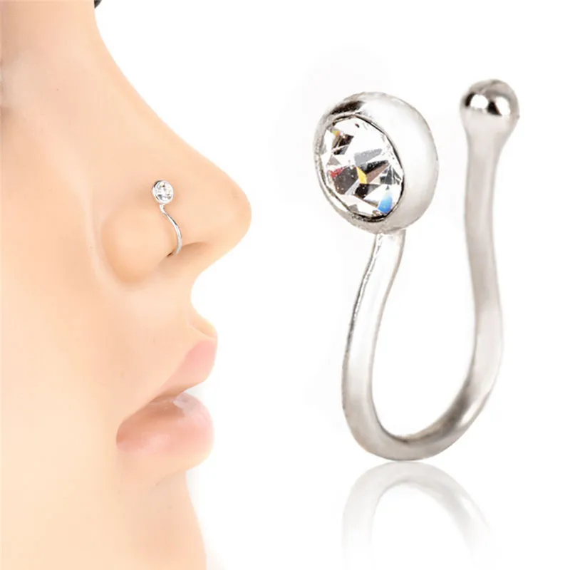 

1pc Small Thin Rhinestone Crystals Flower Fake Septum Piercing Nose Rings&Studs Faux Clip Nose Hoop Body Jewelry