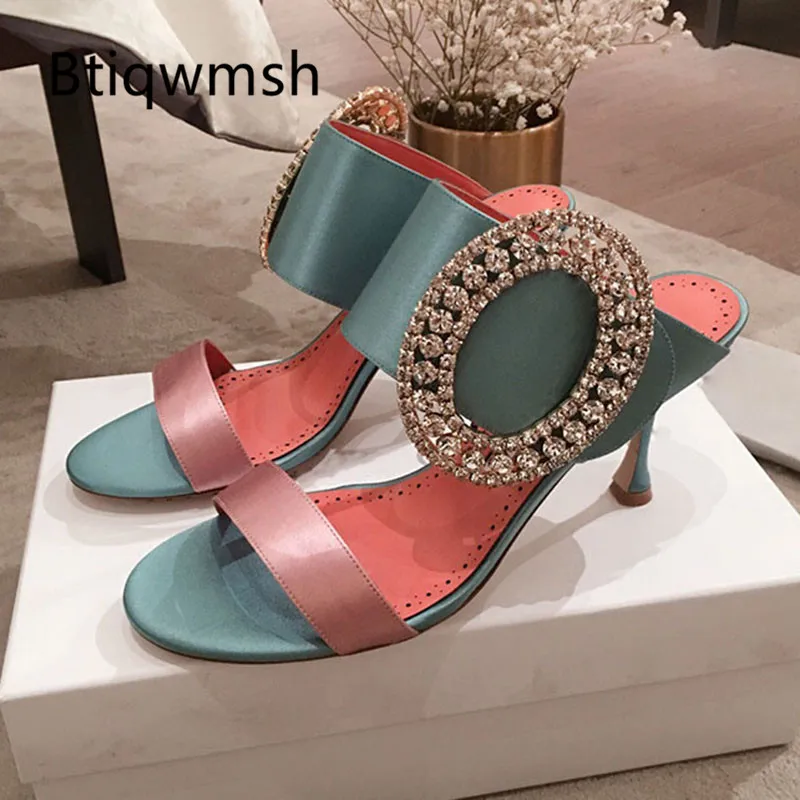 Satin Sandals Women Peep Toe Mixed Color Rhinestone Buckle High Heel Shoes Woman Sexy Party Shoes Mules Slippers