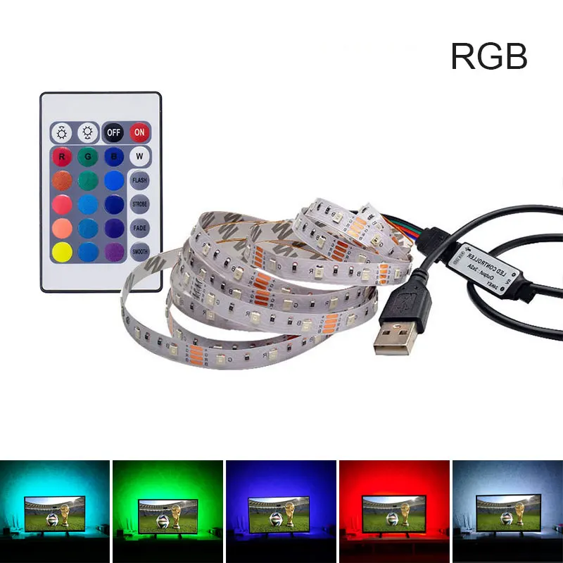 RGB Светодиодная лента не водостойкая 3528 DC 5 В в светодио дный USB светодиодные полосы Гибкая смещение освещение 2835 Добавить пульт дистанционного ТВ ПОДСВЕТКА 1 м 2 м 3 м 4 м 5 м