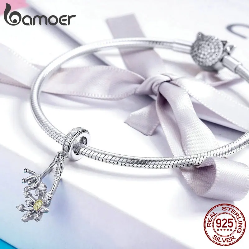 BAMOER Genuine 925 Sterling Silver Luminous Dandelion Flower Charms Pendant fit Women Bracelets Necklaces DIY Jewelry BSC052