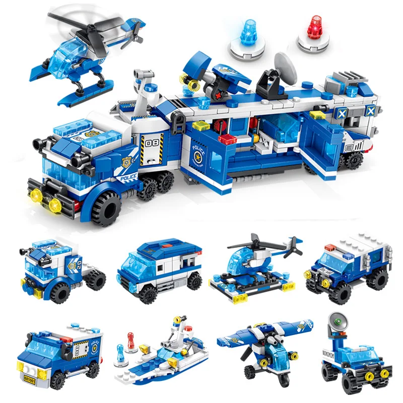 

DIY City Police Bricks Series 6/8 in 1 Helicopter Vehicle Car Police Staction Building Blocks Compatible Legoingly KidToys Gifts