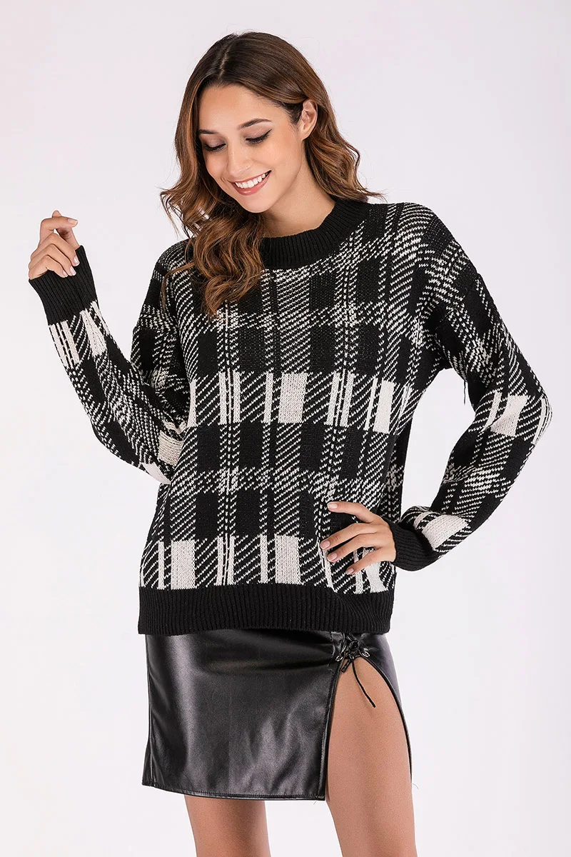 Winter O-Neck Sweater Women Pullover Warm Female Plaid Print Wild Basic Autumn Knitted Loose | Женская одежда