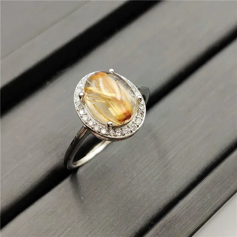 

Adjustable Ring Natural Gold Rutilated Quartz Stone Crystal 925 Sterling Silver 10x8mm Woman Man Party AAAAA Stone Rings Jewelry