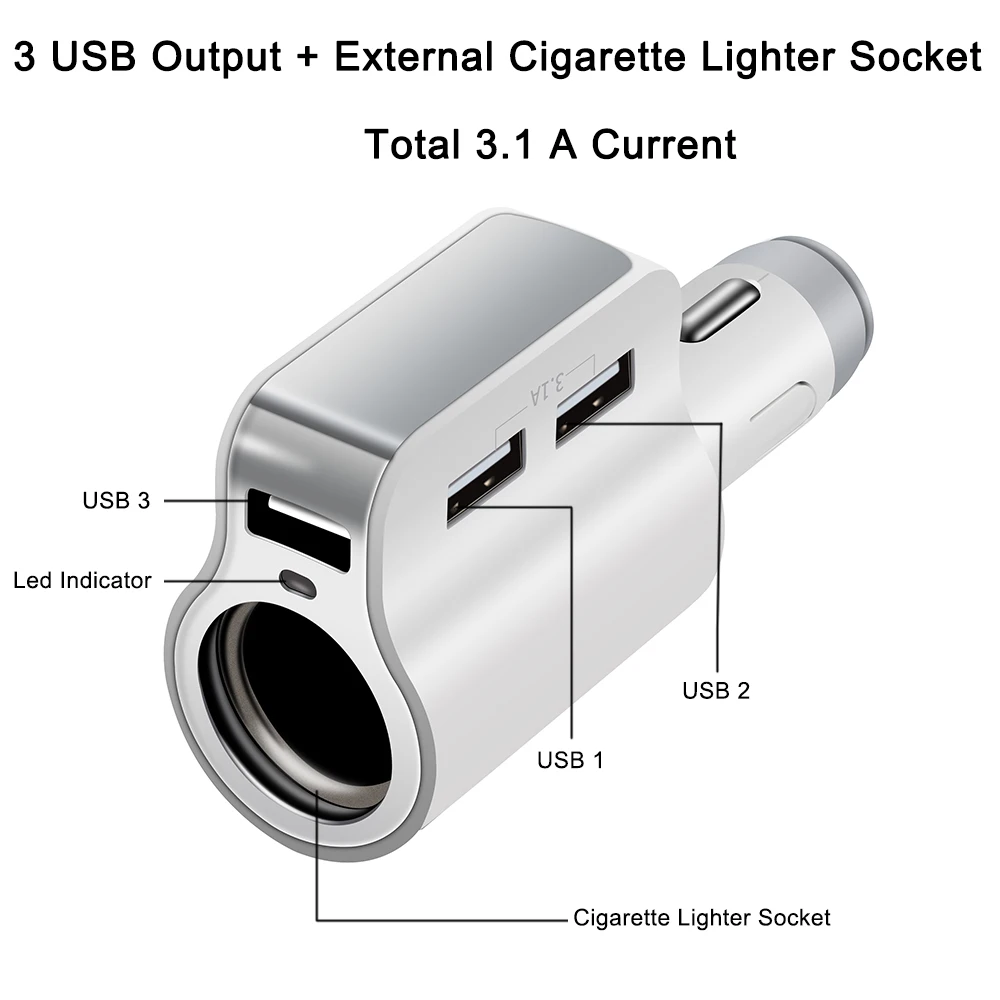 السيارات شاحن سيارة 3.1A 3 USB ميناء + ولاعة السجائر السلطة المقبس فتحة الهاتف المحمول شاحن آيفون باد سامسونج لينوفو Z5 S5