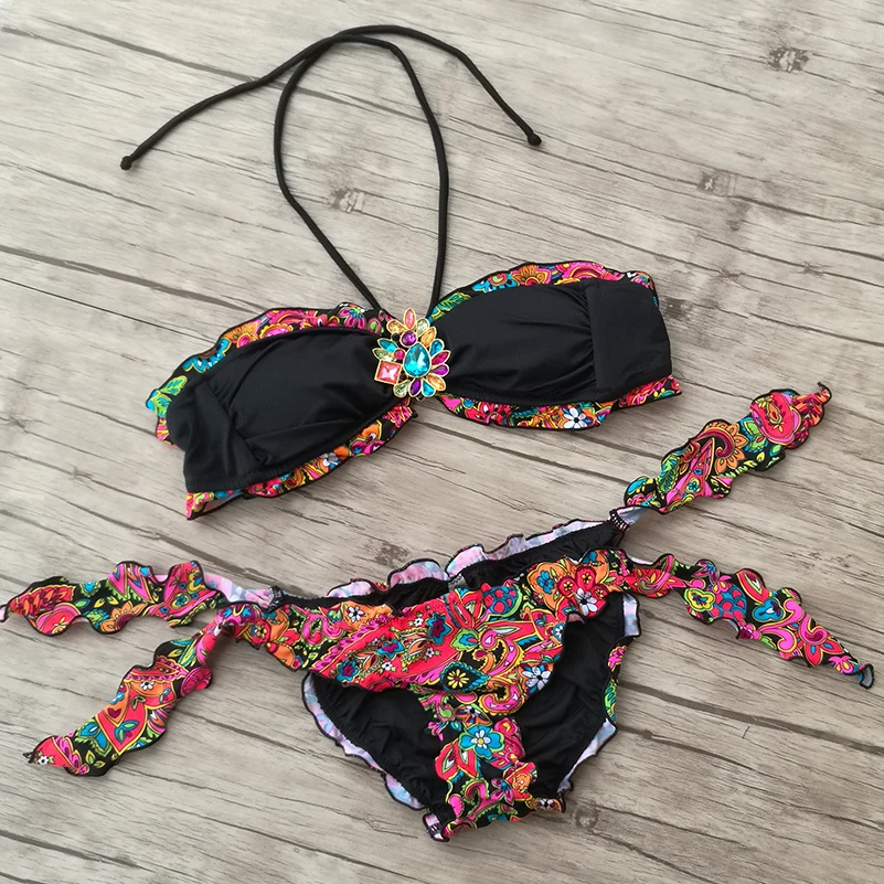 

2017 New Hot Bikini sets for Women Swimwear Beachwear Diamond Black print Bow Bathing suits Design Secret swimming Sexy biquini