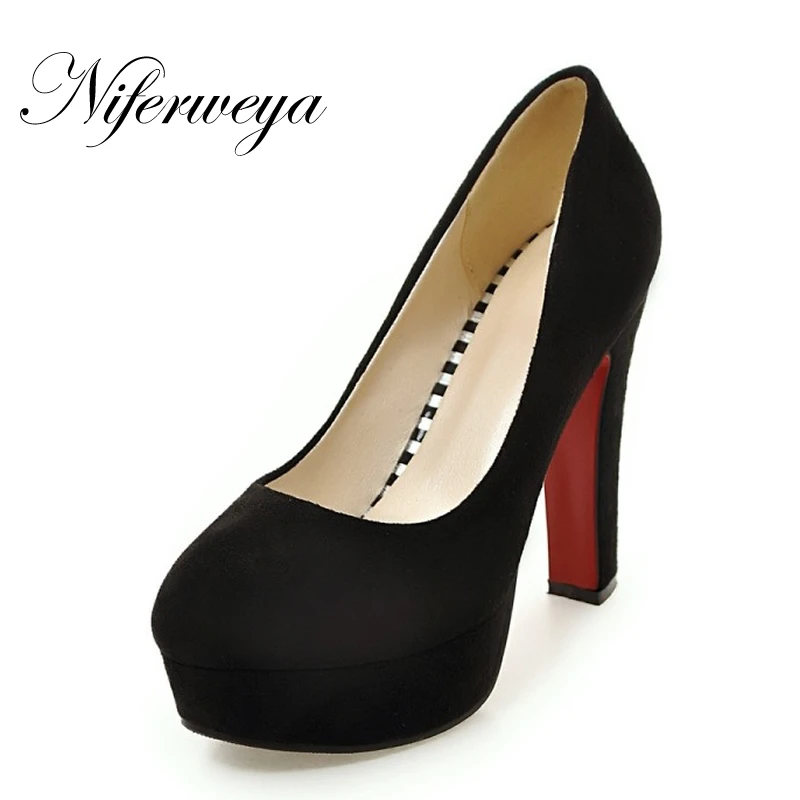 

New Spring/autumn solid flock women shoes big size 32-43 pumps sexy 12cm Slip-On Platform thick heel High heels zapatos mujer