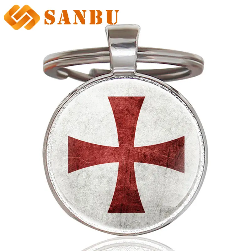 

Antique Crusader Flag Cross Glass Cabochon Key Chains Vintage Men Women Cross Pendant Key Rings