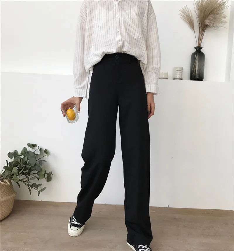 Брюки женские одноцветные свободные с высокой талией повседневные длинные брюки трендовые с карманами женские корейские брюки мягкие простые Студенческие