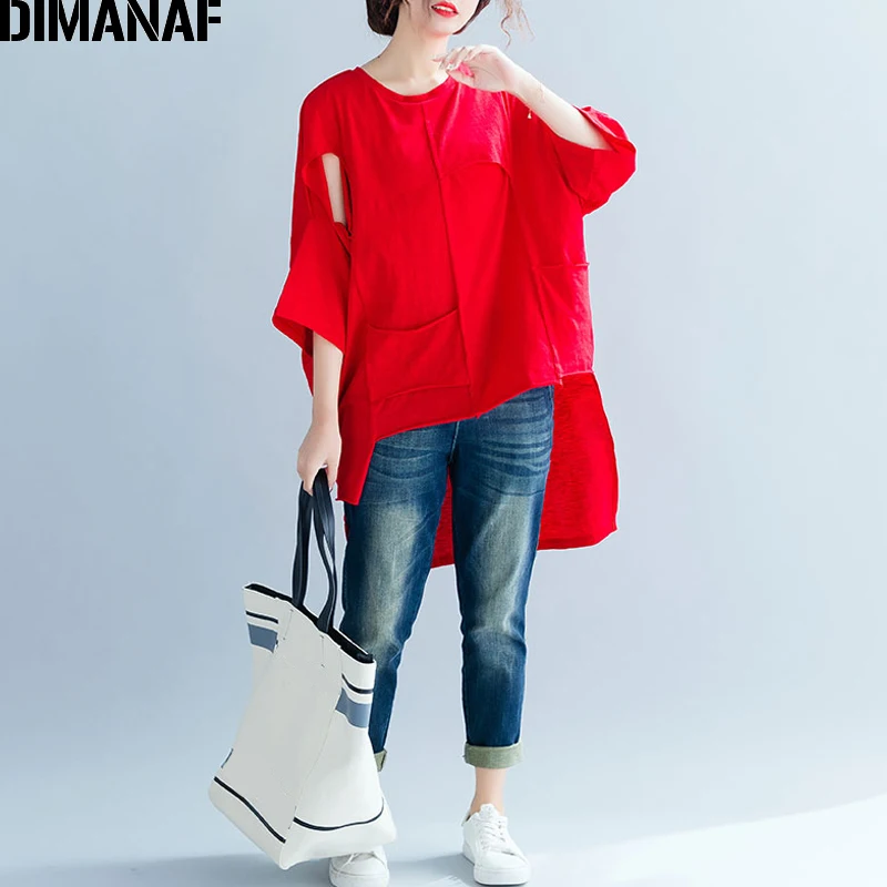 

DIMANAF Plus Size Women T-Shirts Basic Lady Tops Tee Female Clothes Solid Spliced Loose Batwing Tunic Shirt Big Size 2019 Summer