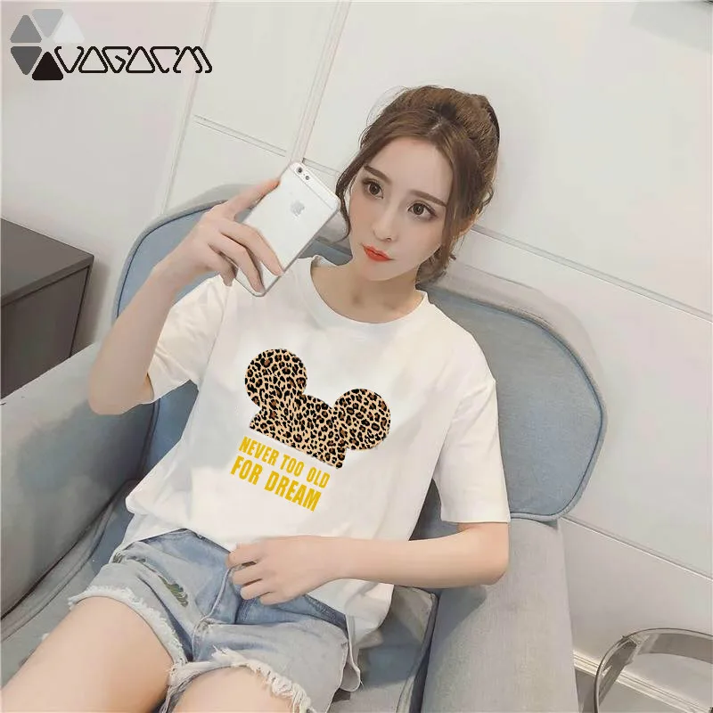 

2019 Summer New Cotton Leopard Mickey Dumbo Print Tshirt Short Sleeve Tops & Tees Fashion Casual Harajuku T Shirt Women Clothes