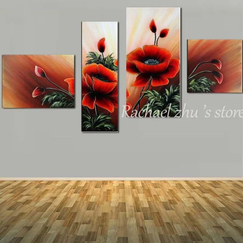 

Hand Painted Abstract 4 Panles Red Poppy Flower Oil Painting On Canvas Abstract Red Poppy Wall Pictures Living Room Home Decor