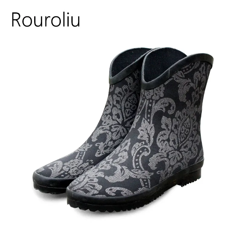 

Rouroliu Women Waterproof Fabric Rubber Boots Female Slip-on Ankle Rainboots Autumn Floral Water Shoes Woman RB9