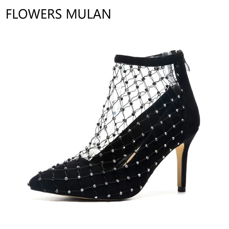 

Beading Mesh Upper Women High Heels Shoes Suede Upper Ankle Boots Spring Autumn Zapatos De Mujer Back Zip Runway Pumps Stilettos
