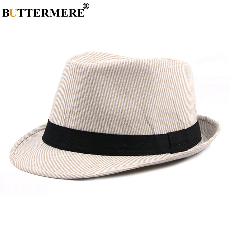 

BUTTERMERE Fedora Hats Women Men Cotton Beige Striped Jazz Hats Female Elegant Btitish Style Outdoor Male Spring Fedoras Caps
