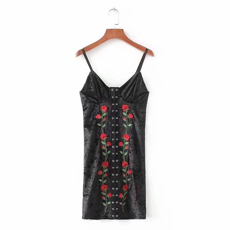 Women's Clothing Dress 2019 Gold Velvet Embroidered Tie Rope Strap Dress Ms Summer Street Sexy Slim Fit Temperament Clothing
