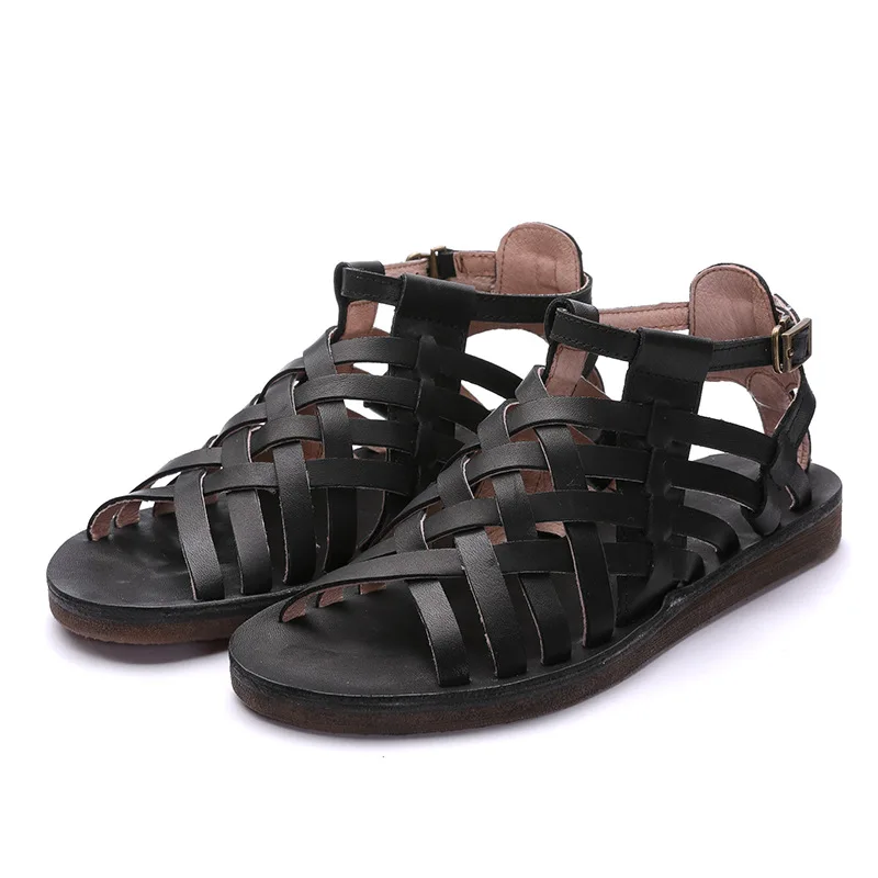 

sweet Brand women shoes woman sandals Genuine Leather Buckle Solid Cover Heel Flat with Metal Decoration Retro Leisure A733