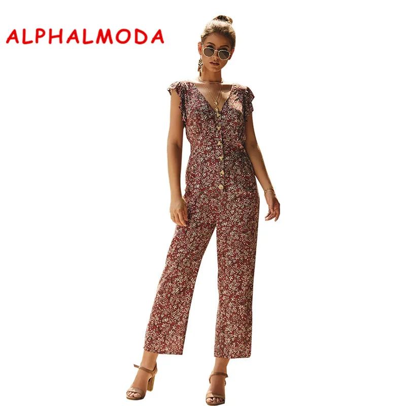 

ALPHALMODA 2019 Summer Ladies Casual Printed Jumpsuits Short-sleeved Single Breasted Calf Length Women Holidays Fashion Rompers