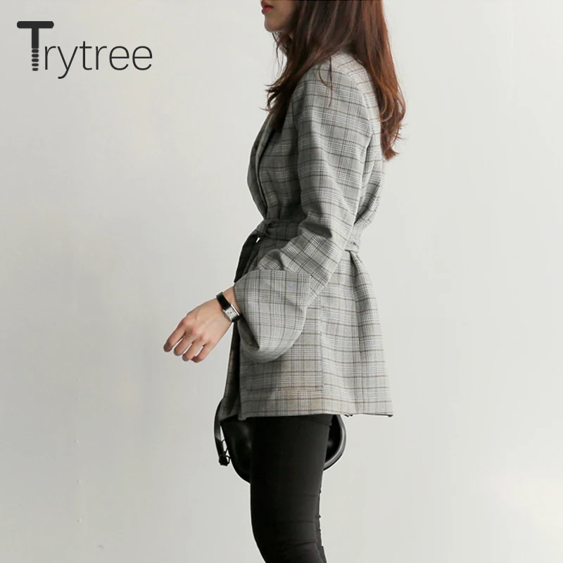 Trytree New Autumn Women Jackets Gray Plaid Office Lady 2018 Fashion Bow Sashes Split Sleeve Jackets Elegant Work  Coats